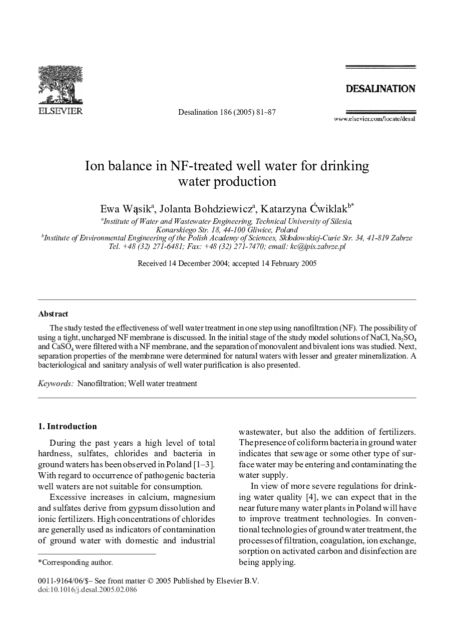 Ion balance in NF-treated well water for drinking water production