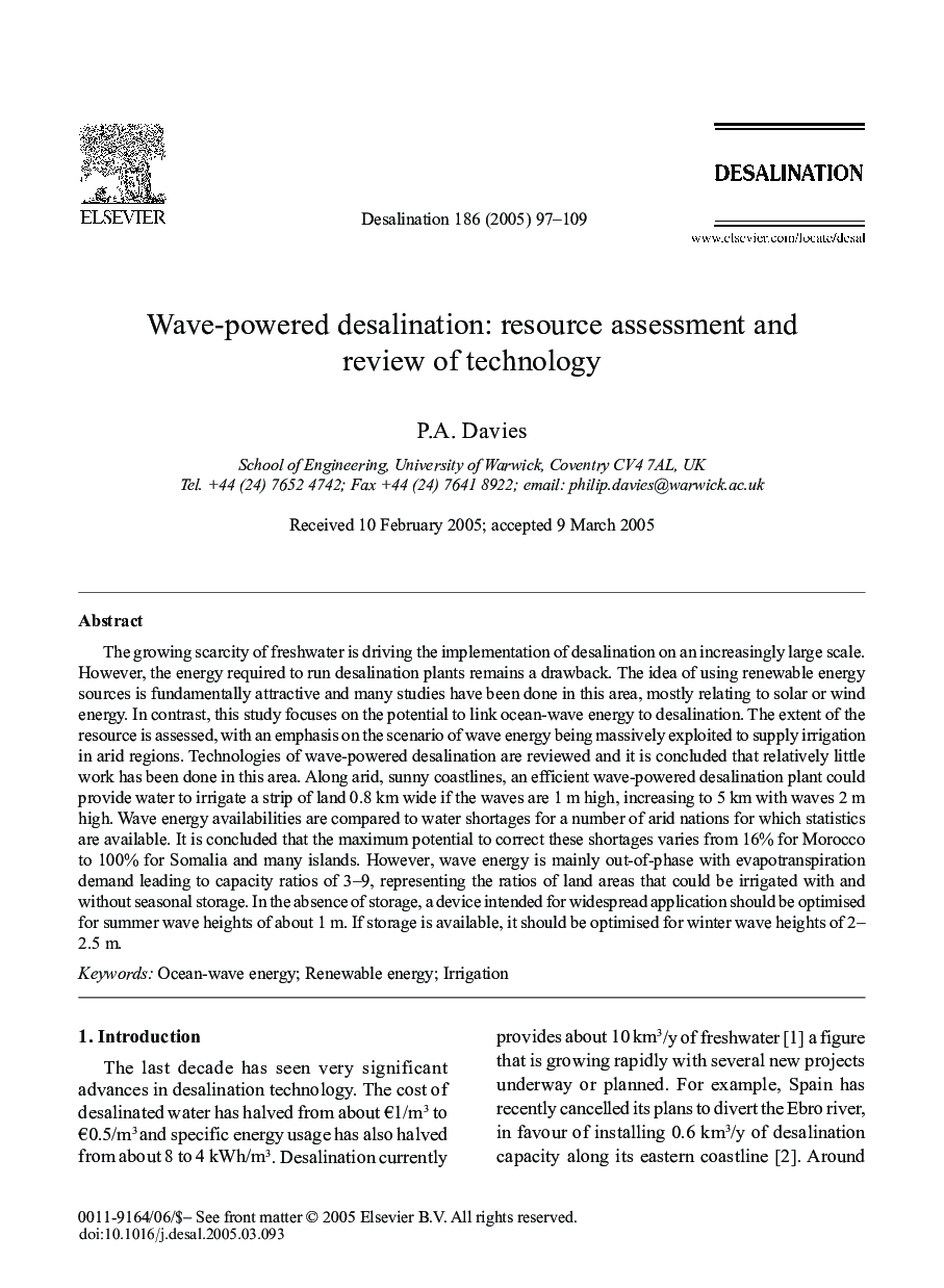 Wave-powered desalination: resource assessment and review of technology