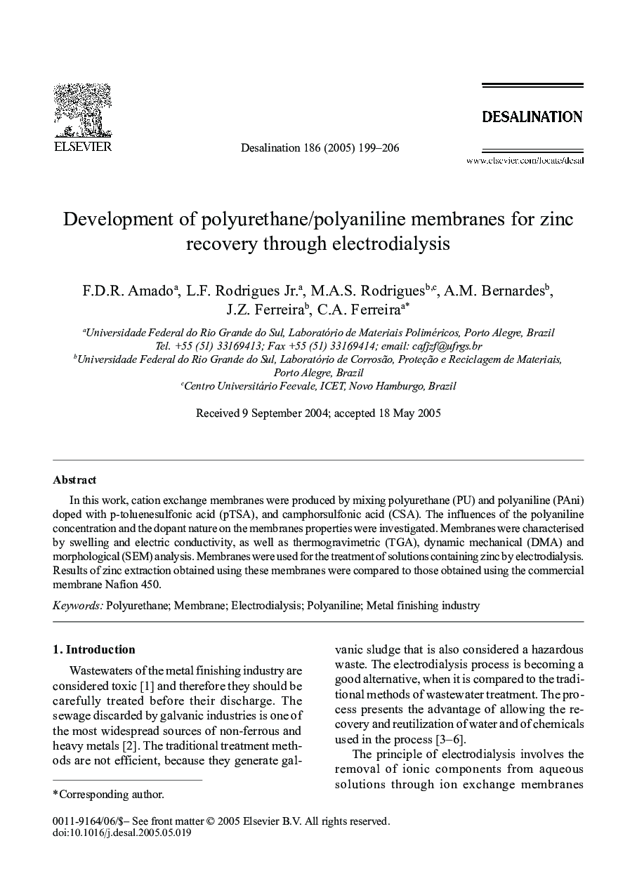 Development of polyurethane/polyaniline membranes for zinc recovery through electrodialysis