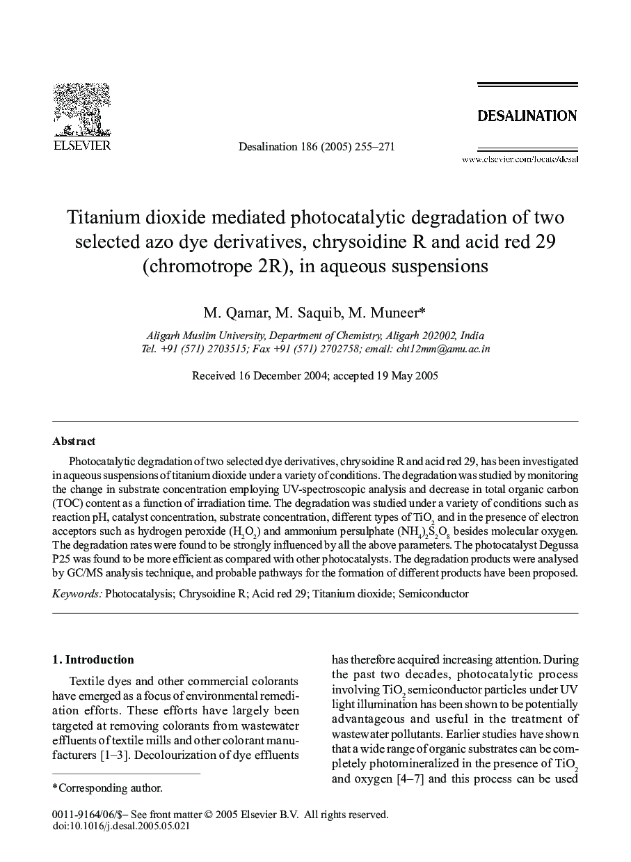 Titanium dioxide mediated photocatalytic degradation of two selected azo dye derivatives, chrysoidine R and acid red 29 (chromotrope 2R), in aqueous suspensions