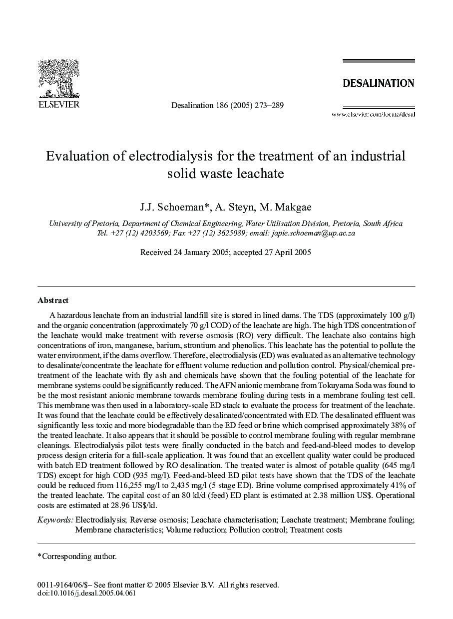 Evaluation of electrodialysis for the treatment of an industrial solid waste leachate