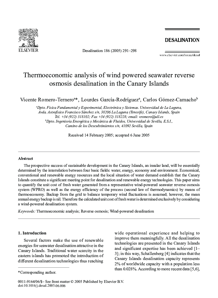 Thermoeconomic analysis of wind powered seawater reverse osmosis desalination in the Canary Islands