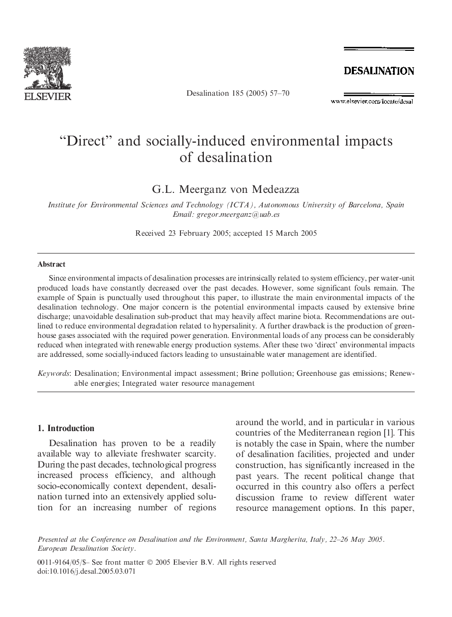 “Direct” and socially-induced environmental impacts of desalination