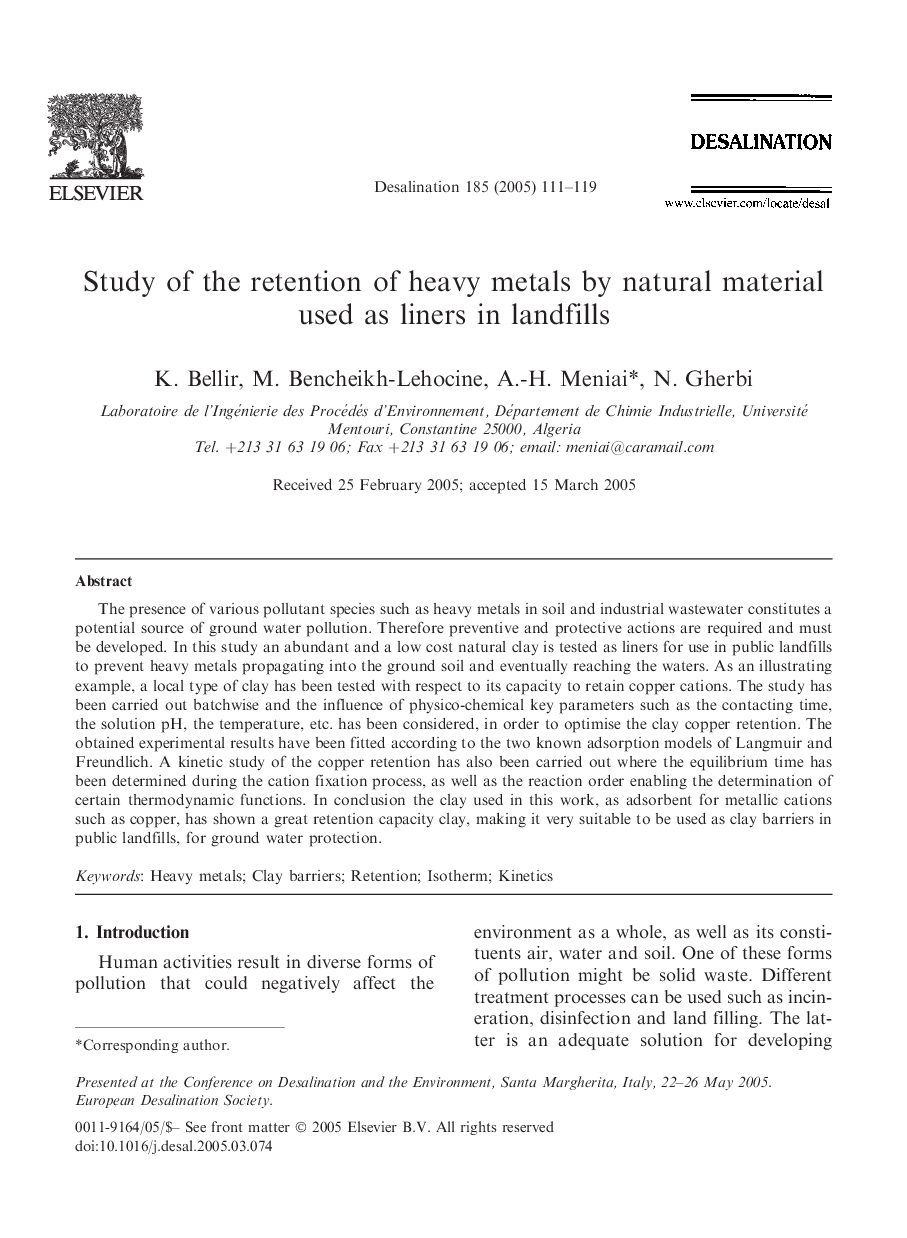 Study of the retention of heavy metals by natural material used as liners in landfills