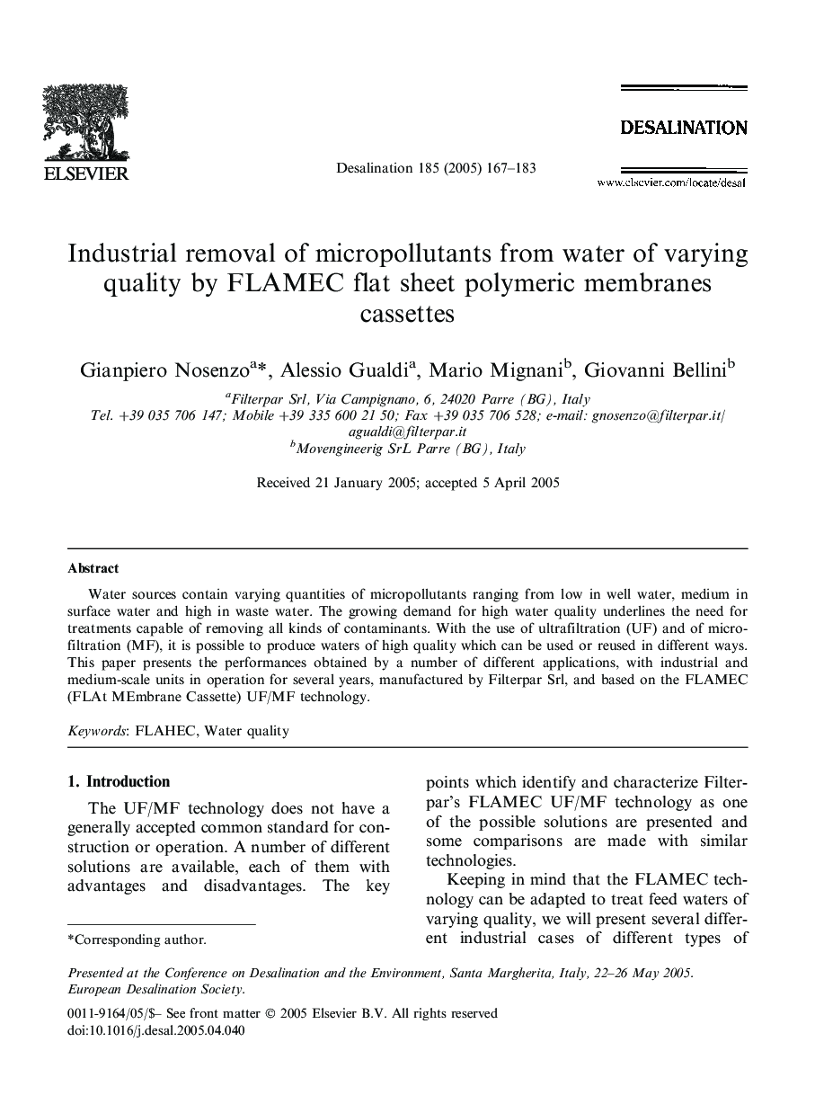 Industrial removal of micropollutants from water of varying quality by FLAMEC flat sheet polymeric membranes cassettes