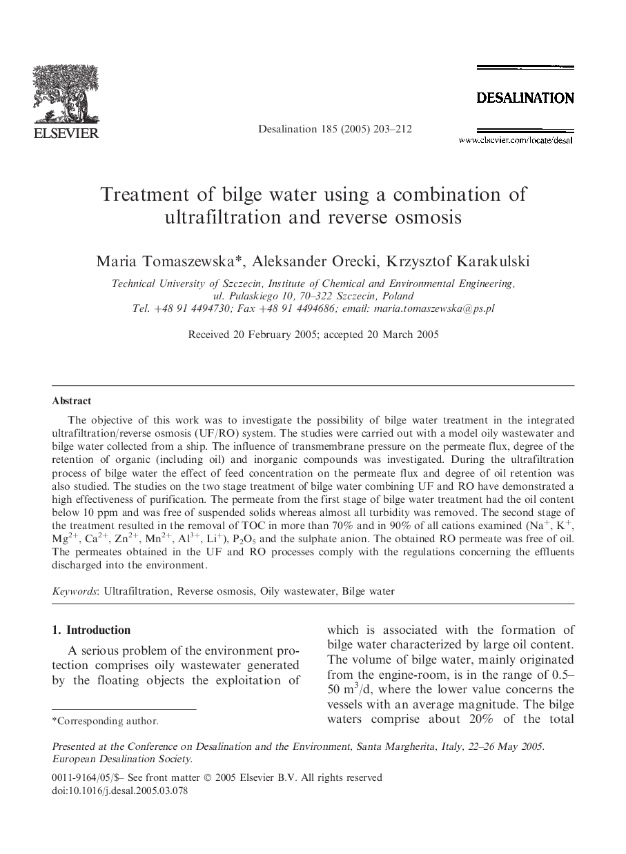 Treatment of bilge water using a combination of ultrafiltration and reverse osmosis