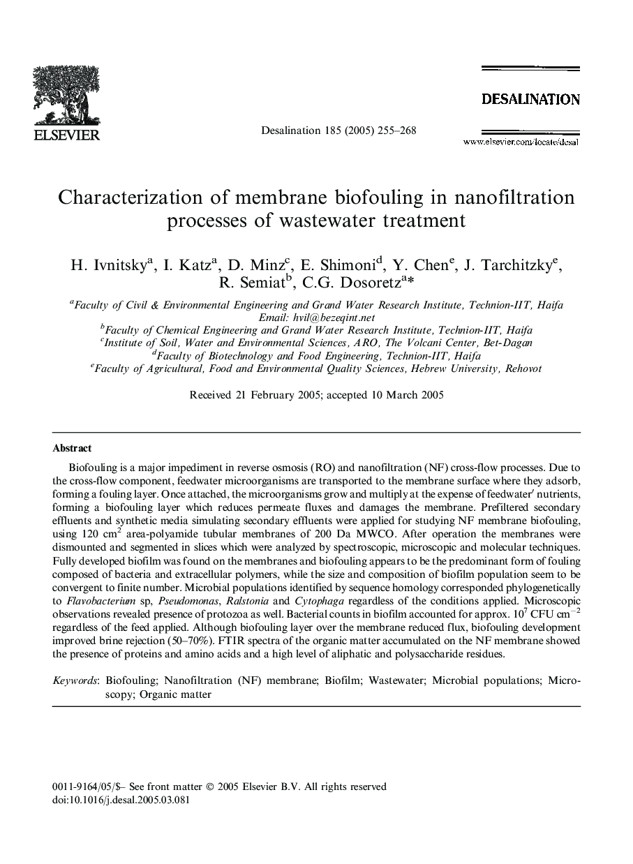 Characterization of membrane biofouling in nanofiltration processes of wastewater treatment