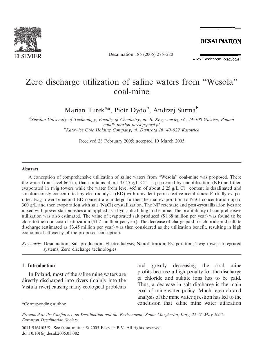 Zero discharge utilization of saline waters from “Wesola” coal-mine