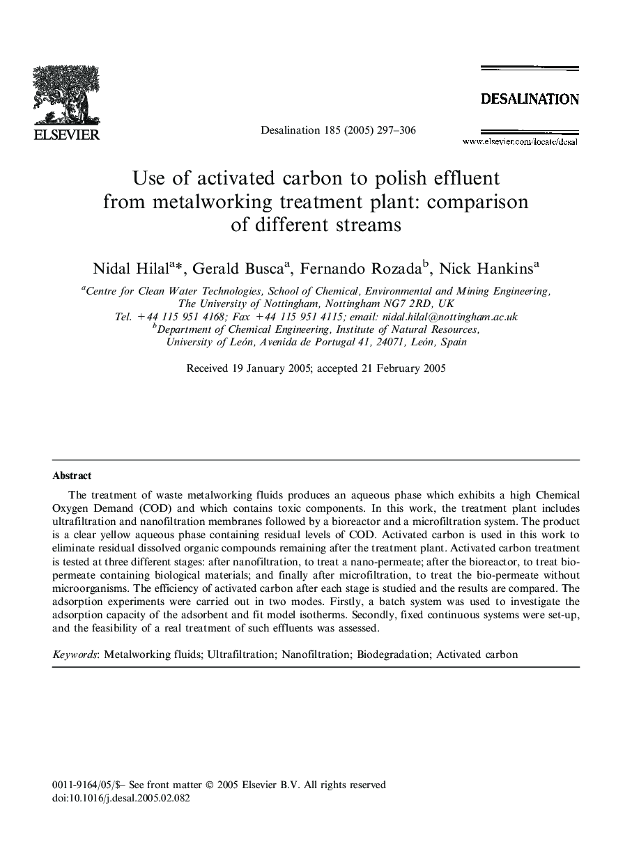 Use of activated carbon to polish effluent from metalworking treatment plant: comparison of different streams