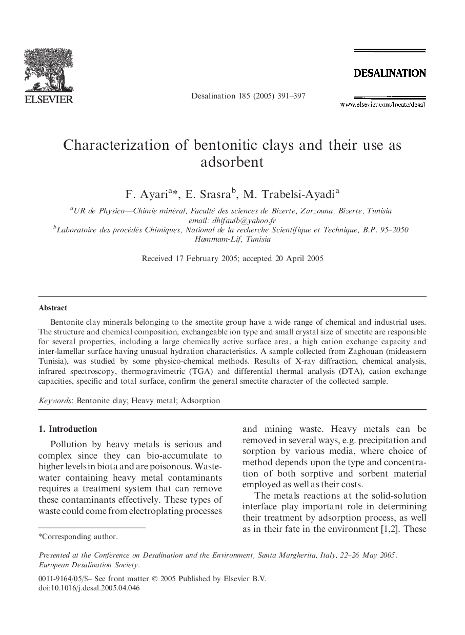 Characterization of bentonitic clays and their use as adsorbent