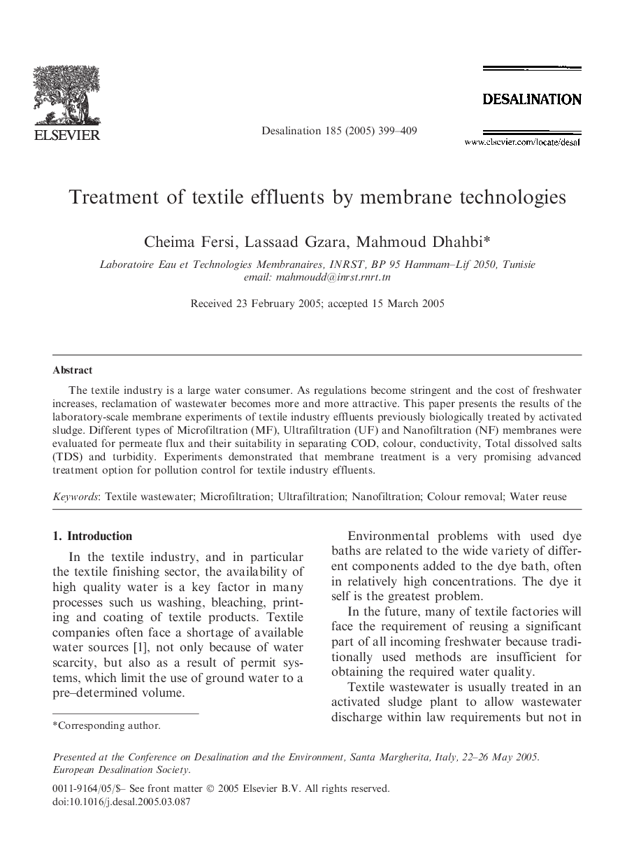 Treatment of textile effluents by membrane technologies