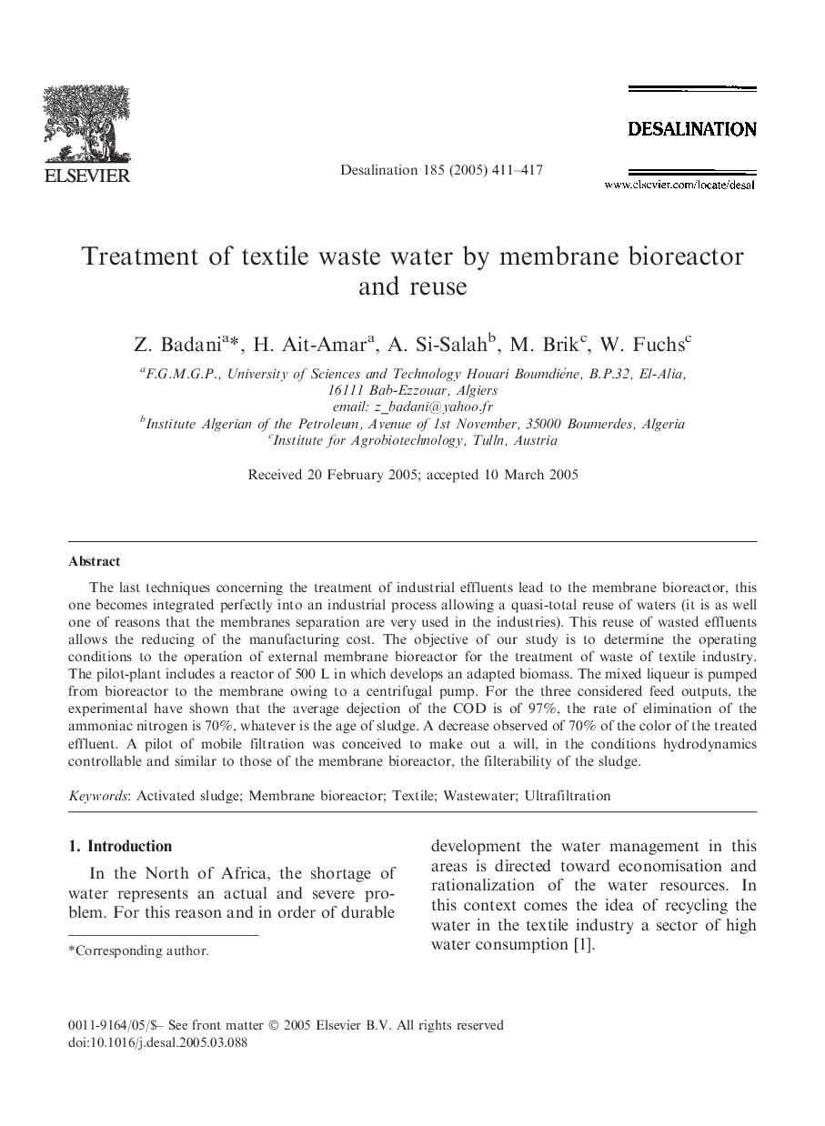 Treatment of textile waste water by membrane bioreactor and reuse