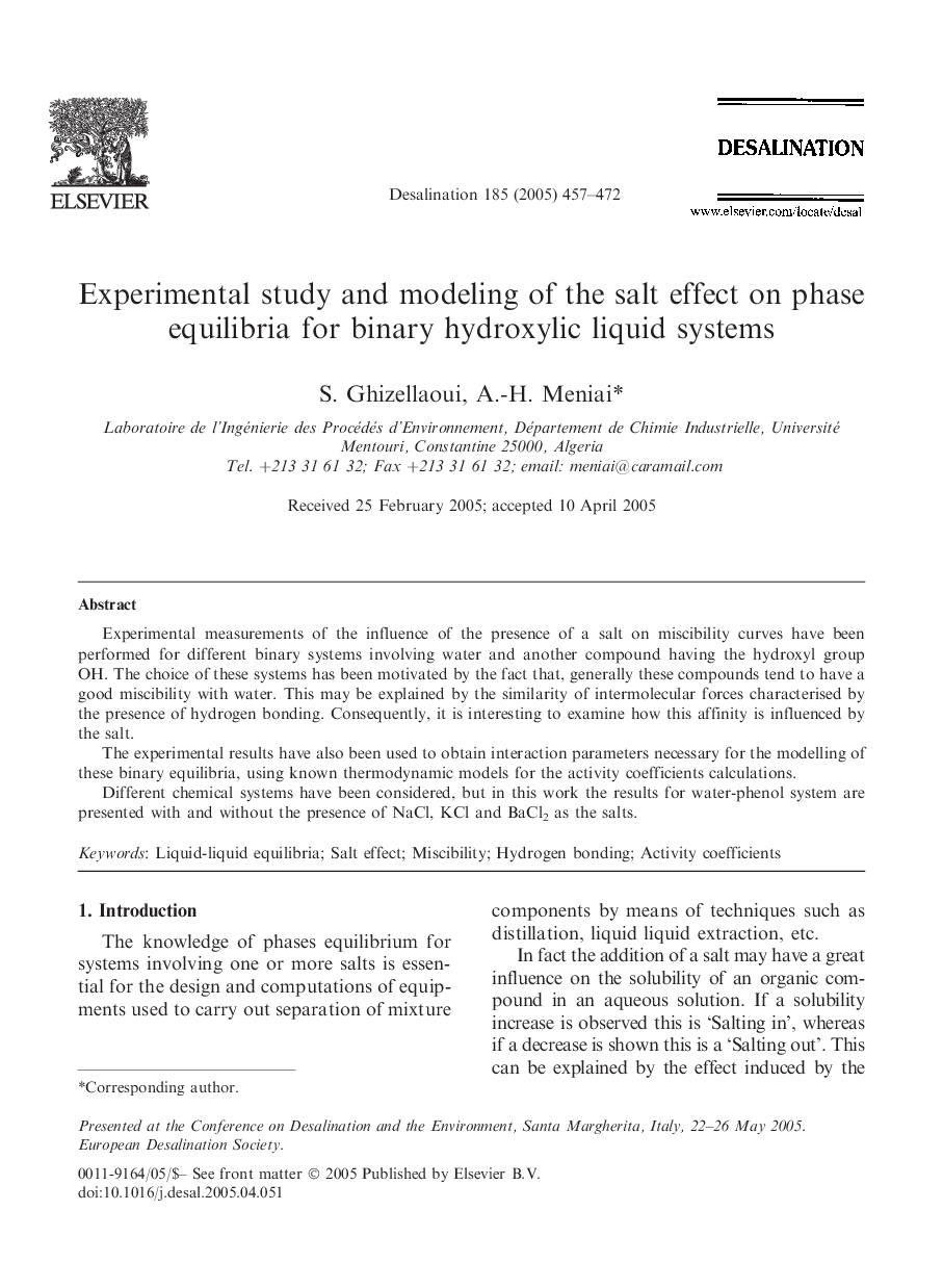 Experimental study and modeling of the salt effect on phase equilibria for binary hydroxylic liquid systems