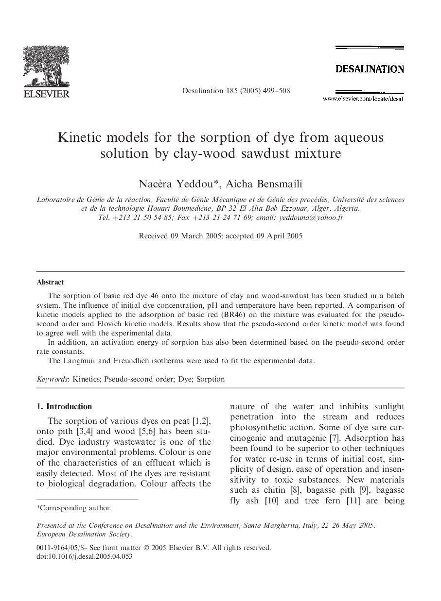 Kinetic models for the sorption of dye from aqueous solution by clay-wood sawdust mixture