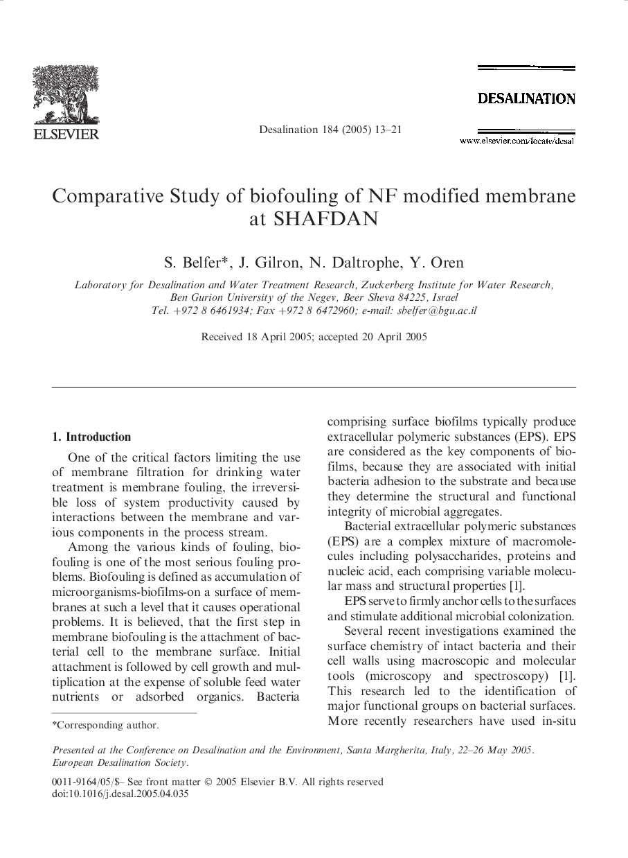 Comparative Study of biofouling of NF modified membrane at SHAFDAN