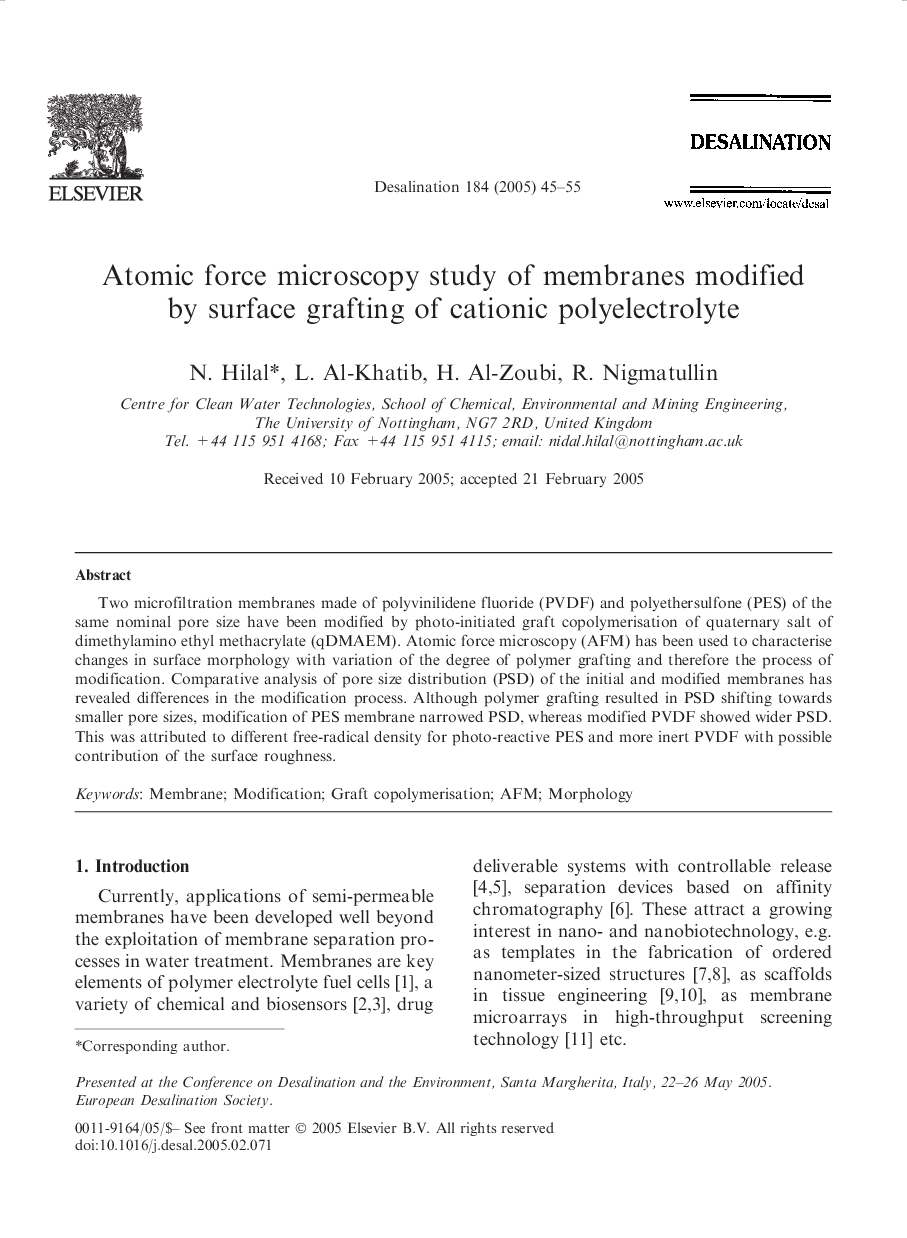 Atomic force microscopy study of membranes modified by surface grafting of cationic polyelectrolyte