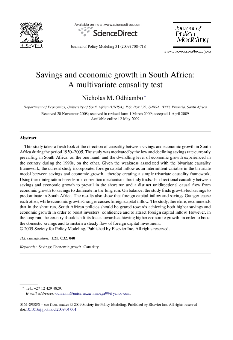 Savings and economic growth in South Africa: A multivariate causality test