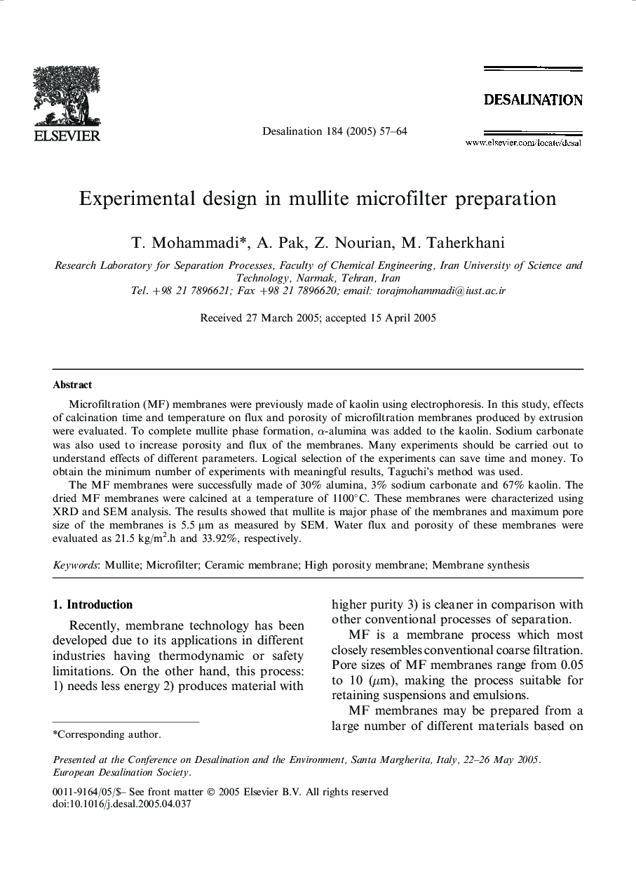 Experimental design in mullite microfilter preparation