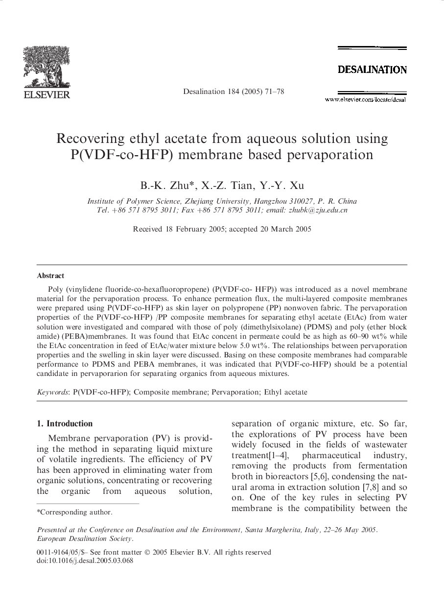 Recovering ethyl acetate from aqueous solution using P(VDF-co-HFP) membrane based pervaporation