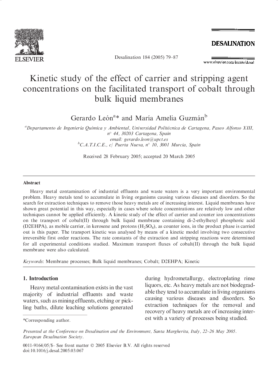 Kinetic study of the effect of carrier and stripping agent concentrations on the facilitated transport of cobalt through bulk liquid membranes