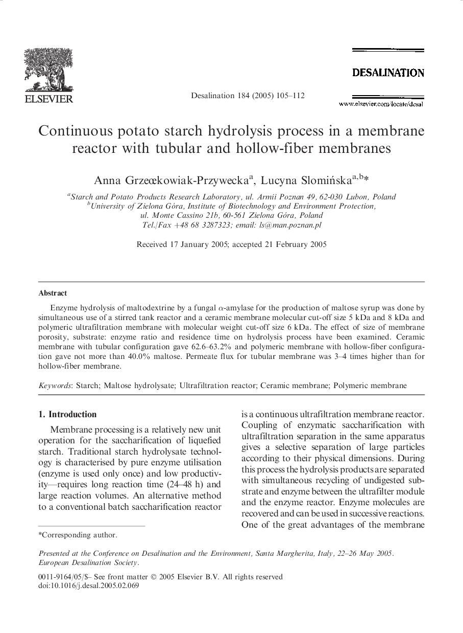 Continuous potato starch hydrolysis process in a membrane reactor with tubular and hollow-fiber membranes