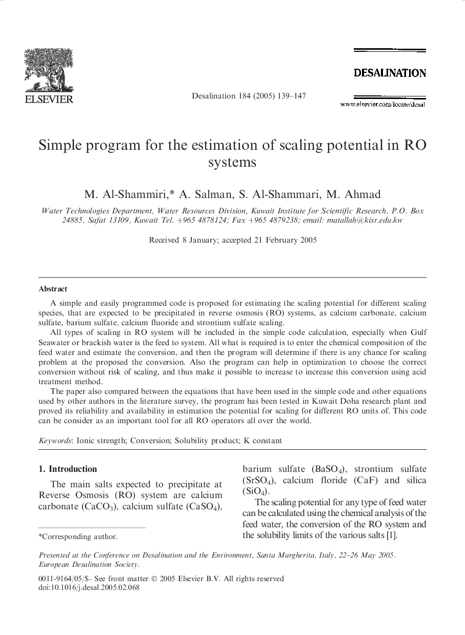 Simple program for the estimation of scaling potential in RO systems