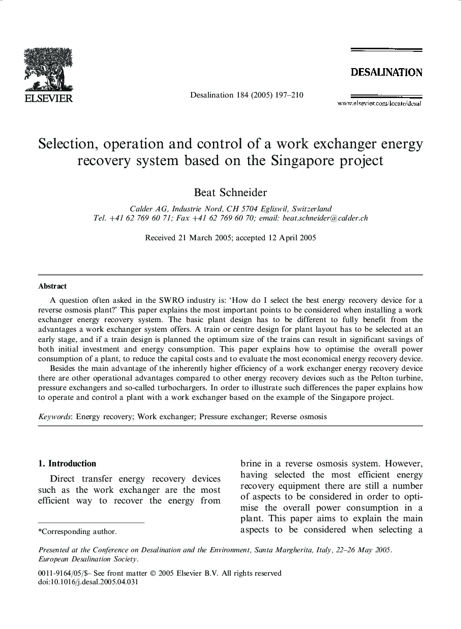 Selection, operation and control of a work exchanger energy recovery system based on the Singapore project