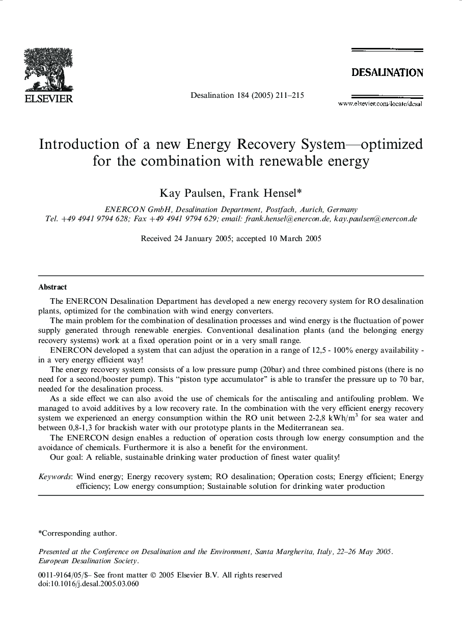 Introduction of a new Energy Recovery System-optimized for the combination with renewable energy