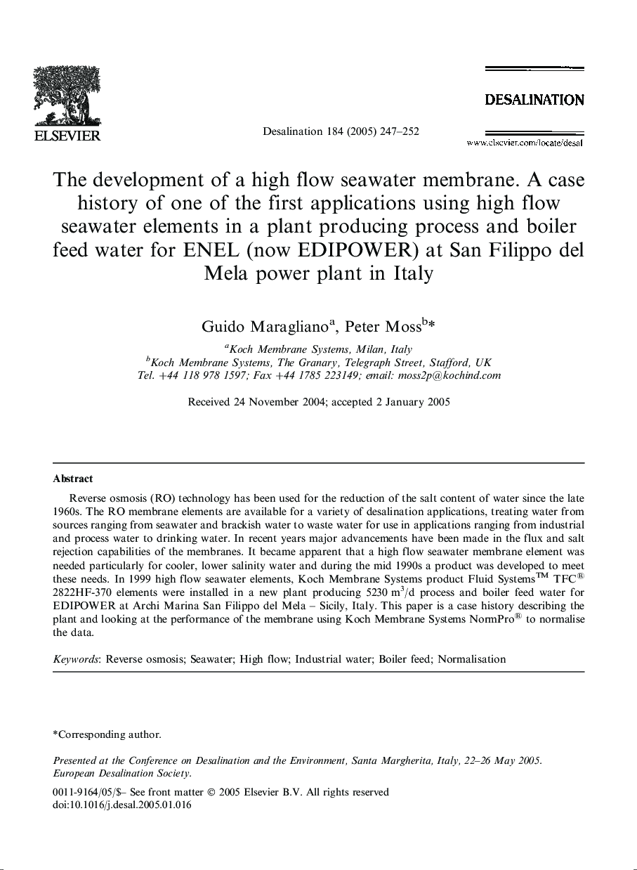 The development of a high flow seawater membrane. A case history of one of the first applications using high flow seawater elements in a plant producing process and boiler feed water for ENEL (now EDIPOWER) at San Filippo del Mela power plant in Italy