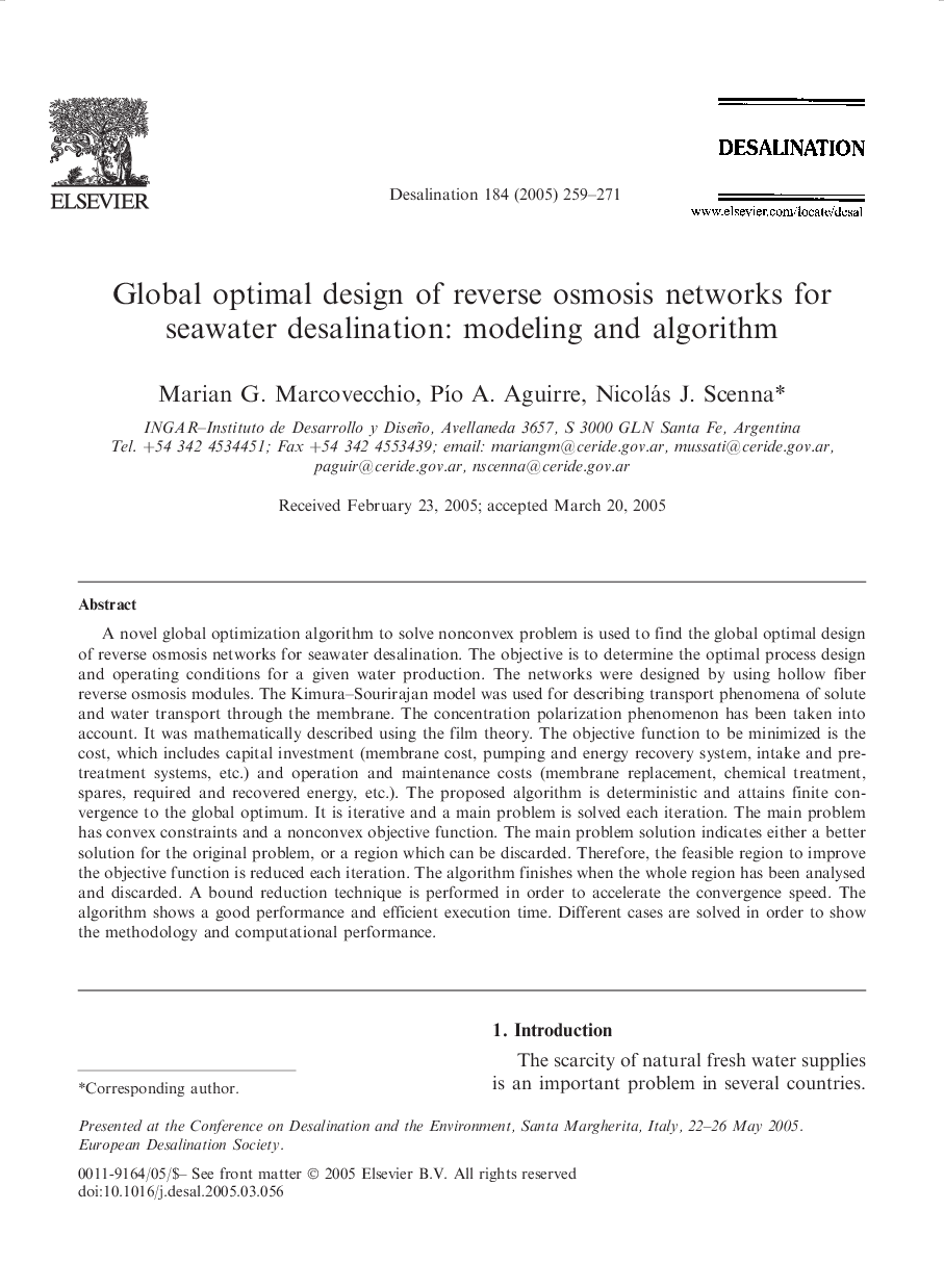 Global optimal design of reverse osmosis networks for seawater desalination: modeling and algorithm