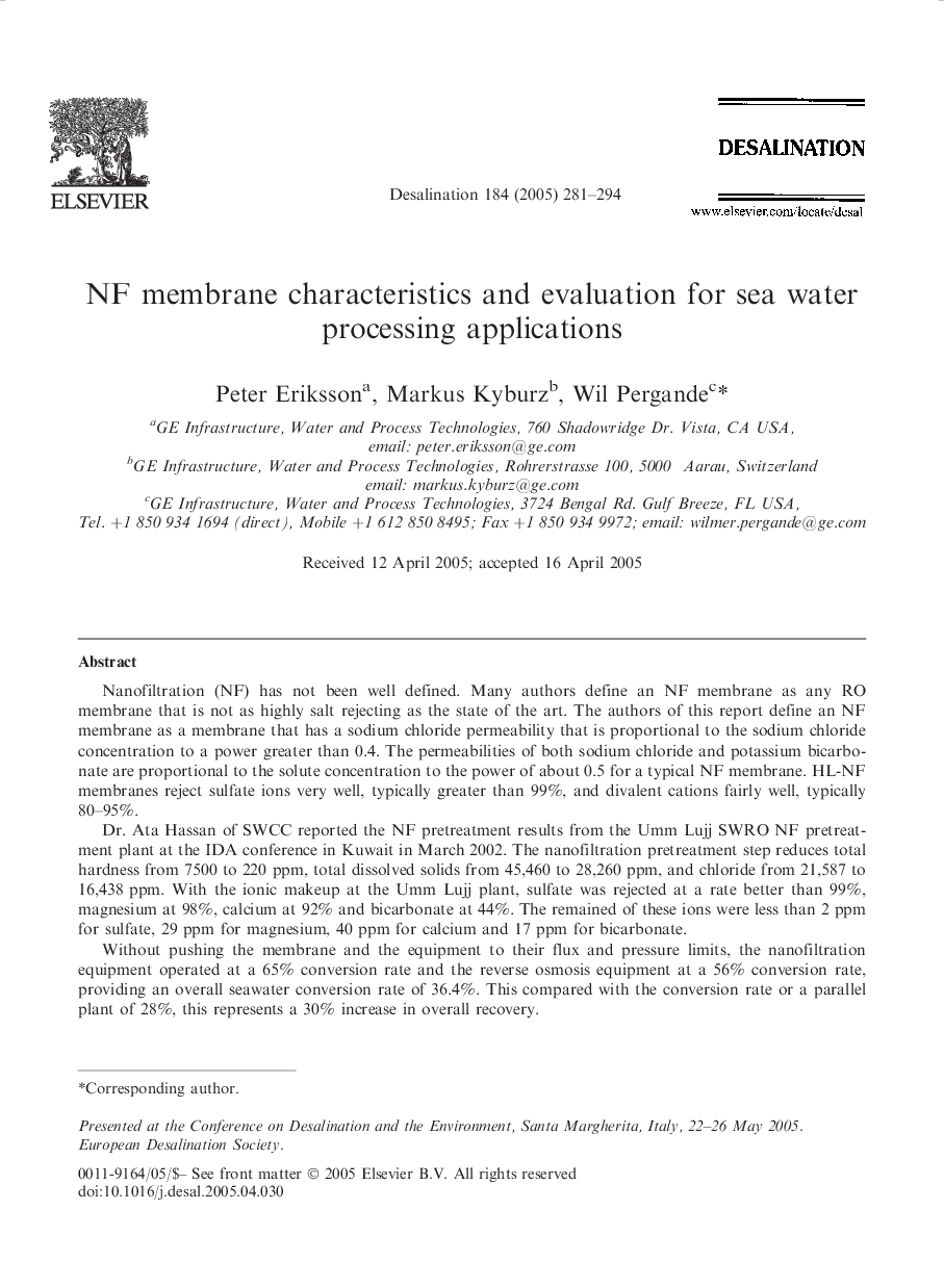 NF membrane characteristics and evaluation for sea water processing applications