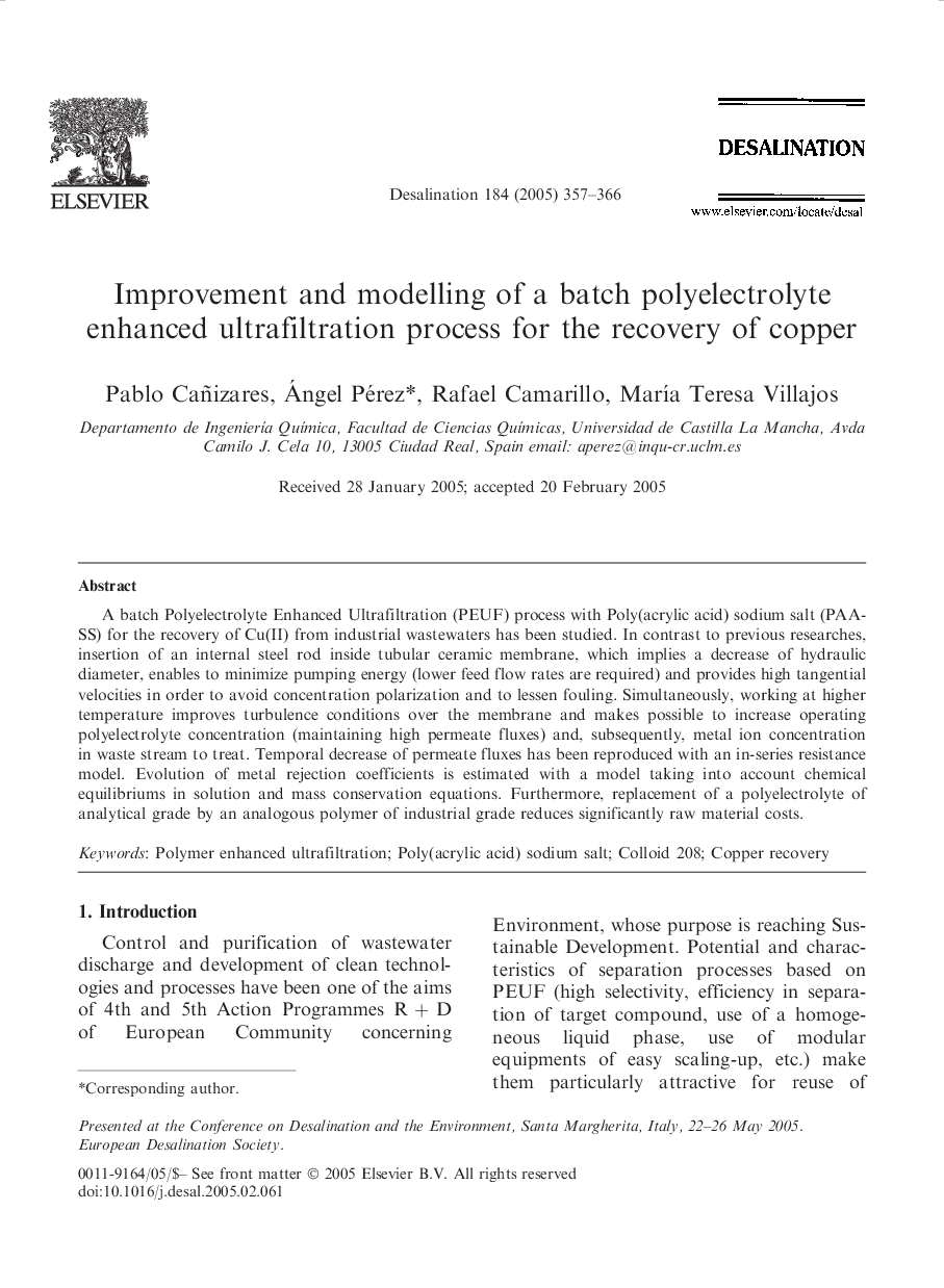 Improvement and modelling of a batch polyelectrolyte enhanced ultrafiltration process for the recovery of copper