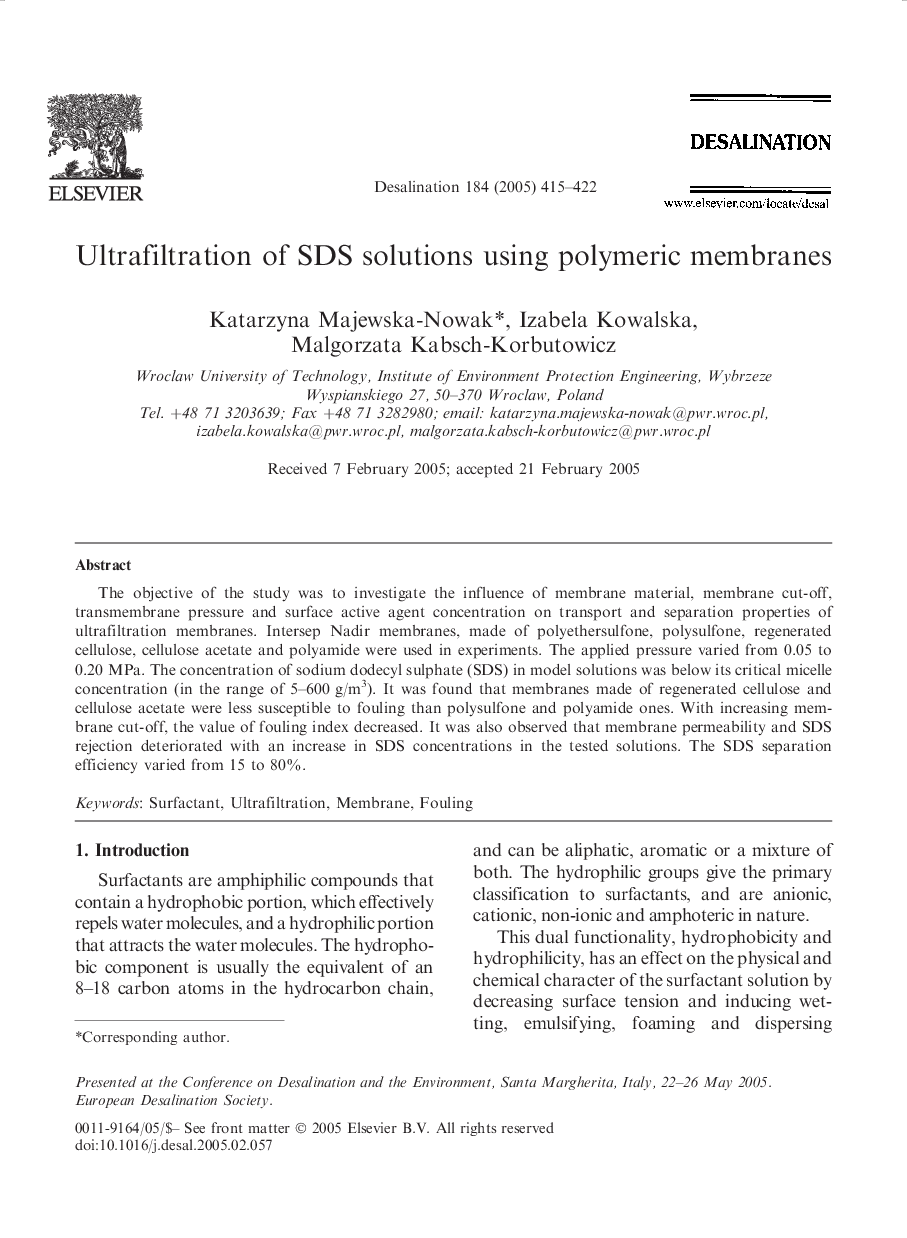 Ultrafiltration of SDS solutions using polymeric membranes