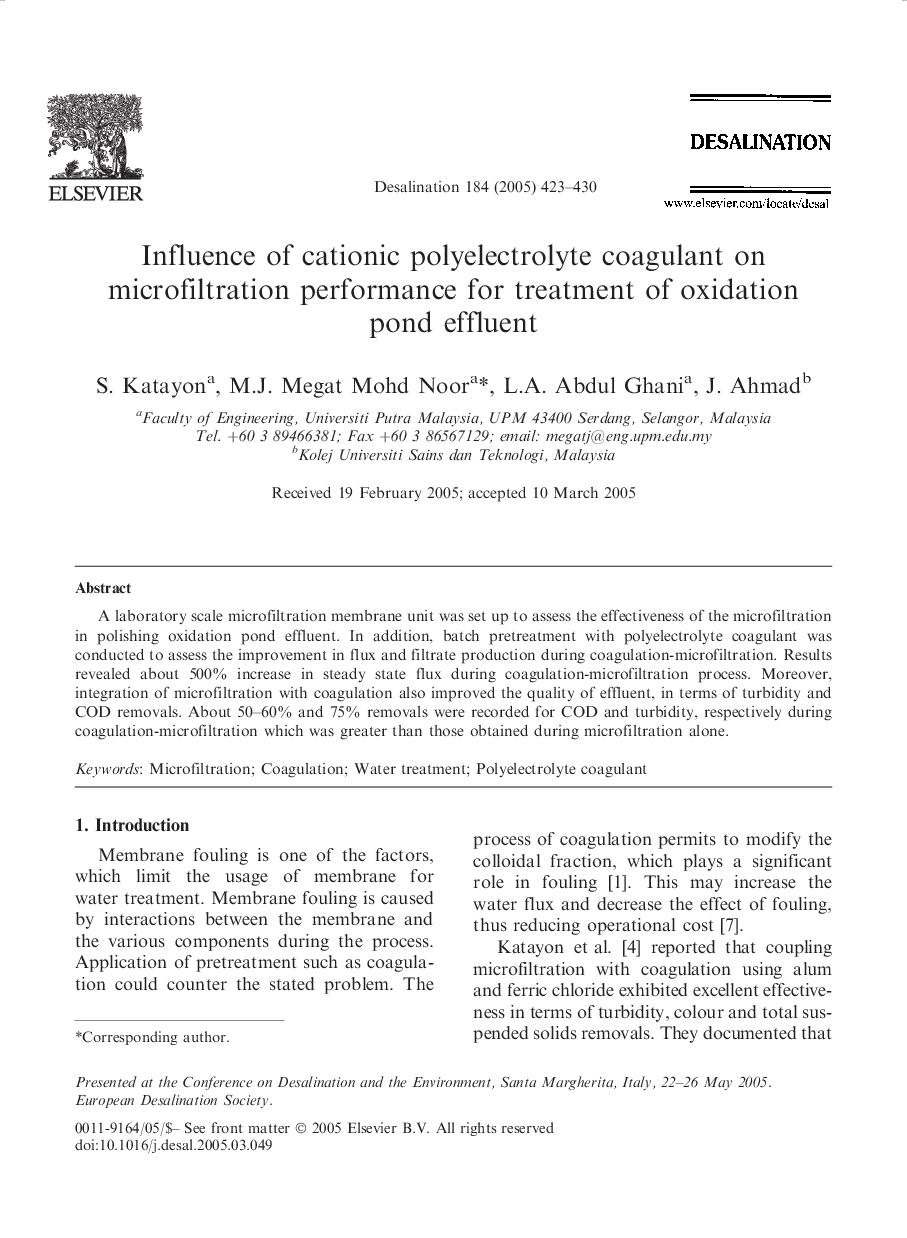 Influence of cationic polyelectrolyte coagulant on microfiltration performance for treatment of oxidation pond effluent