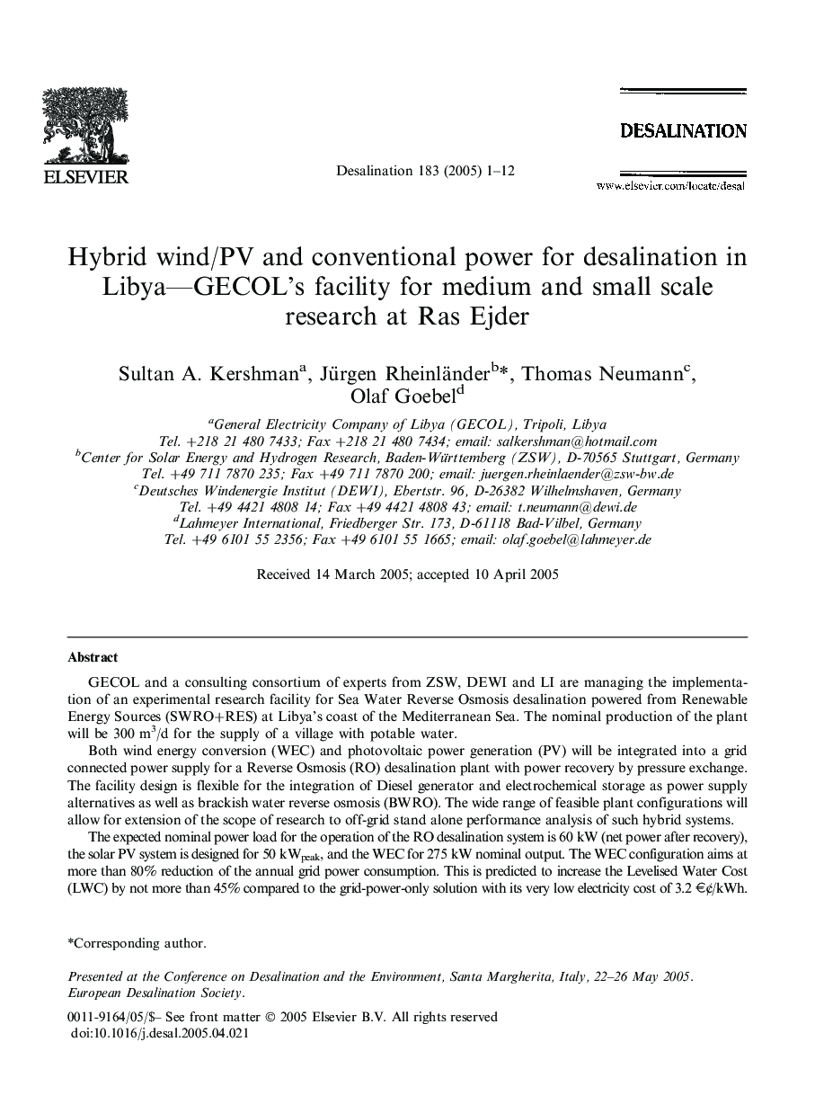 Hybrid wind/PV and conventional power for desalination in Libya-GECOL's facility for medium and small scale research at Ras Ejder
