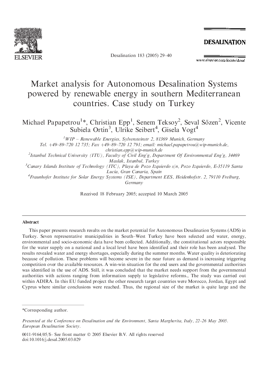 Market analysis for Autonomous Desalination Systems powered by renewable energy in southern Mediterranean countries. Case study on Turkey