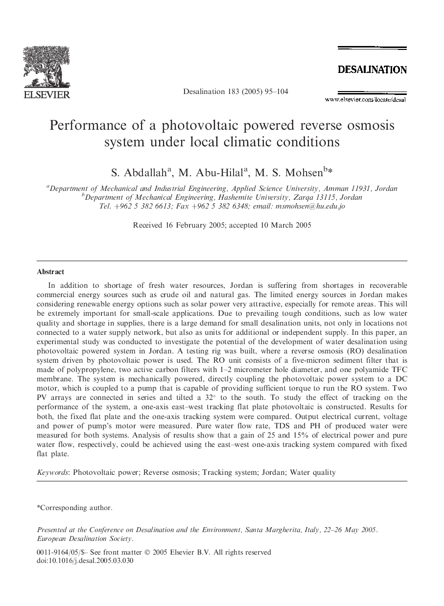 Performance of a photovoltaic powered reverse osmosis system under local climatic conditions