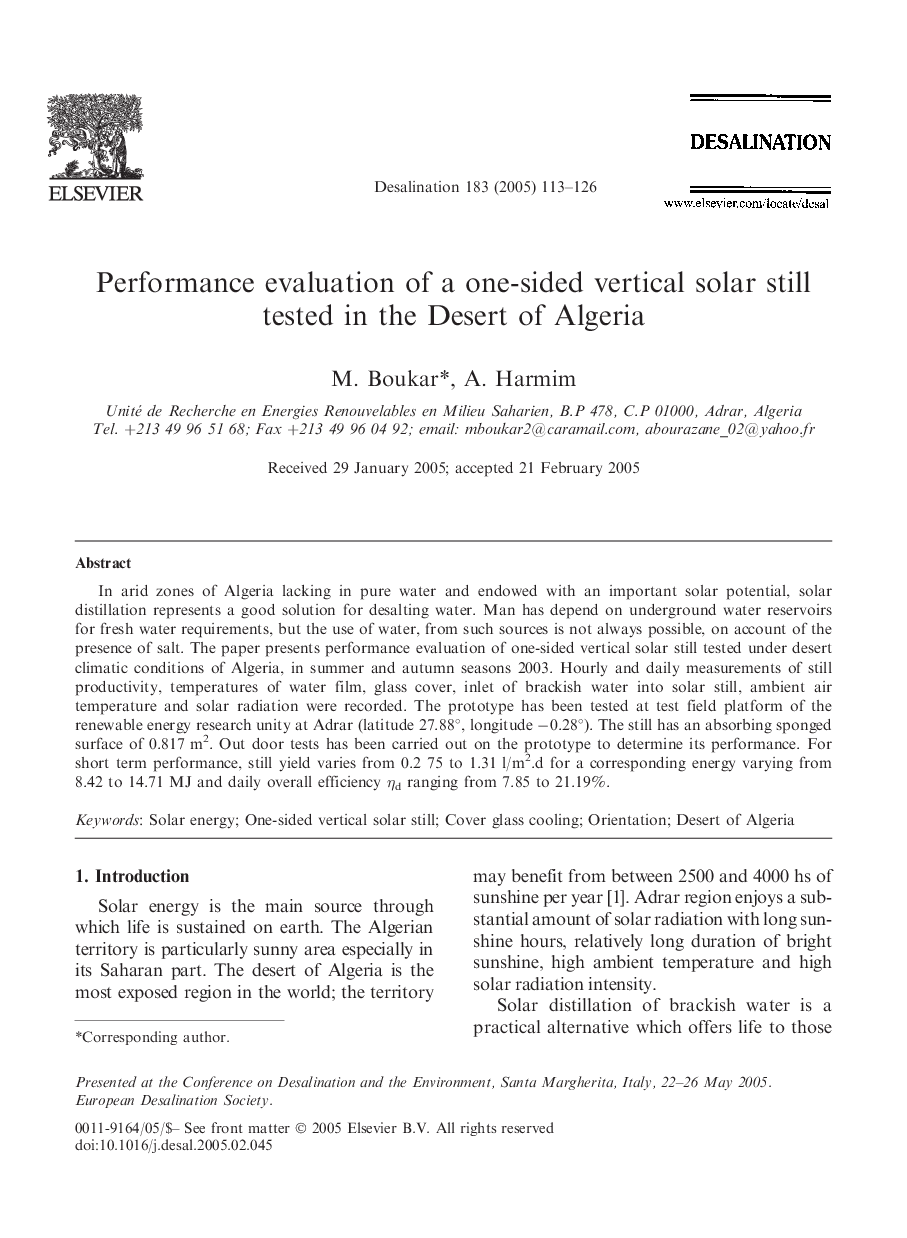 Performance evaluation of a one-sided vertical solar still tested in the Desert of Algeria