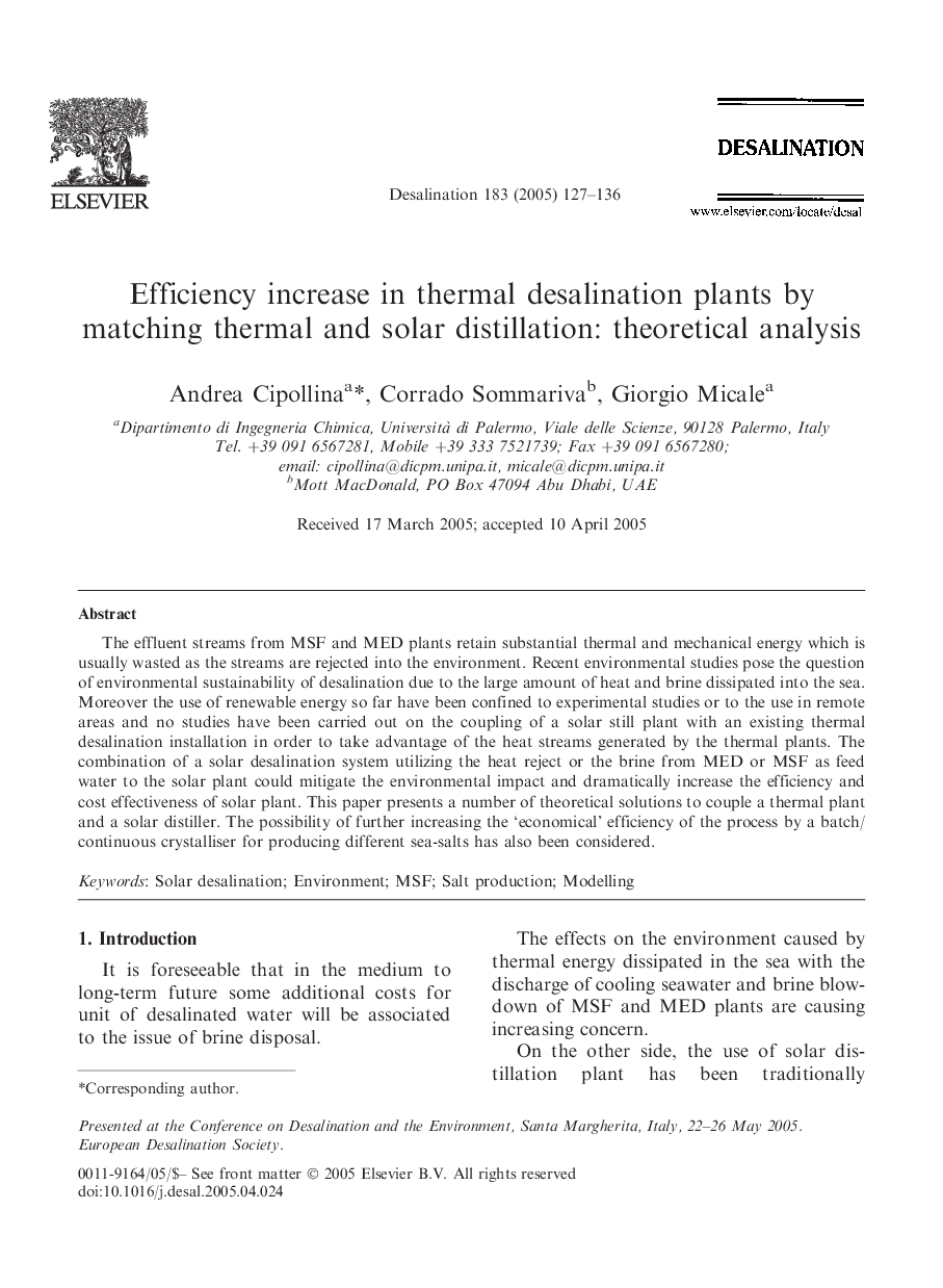 Efficiency increase in thermal desalination plants by matching thermal and solar distillation: theoretical analysis