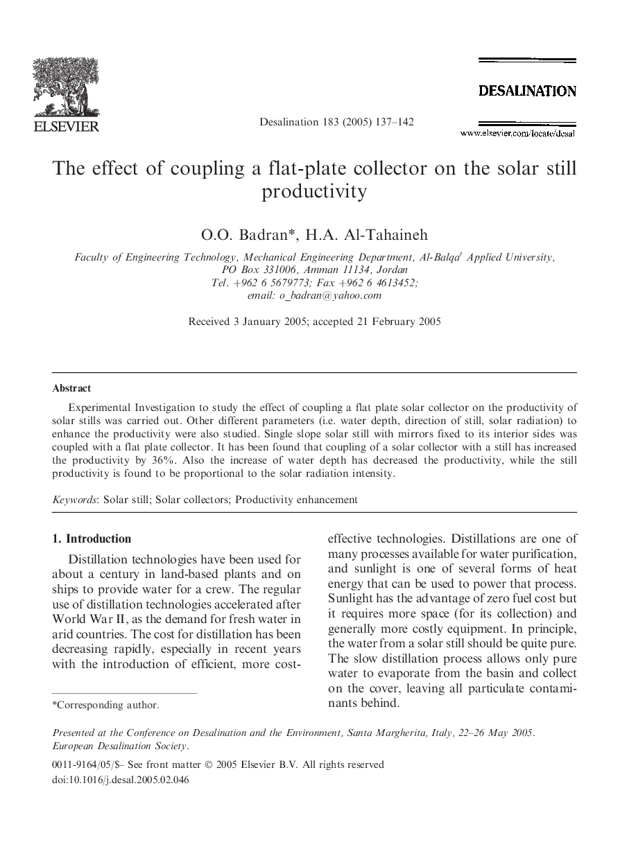 The effect of coupling a flat-plate collector on the solar still productivity