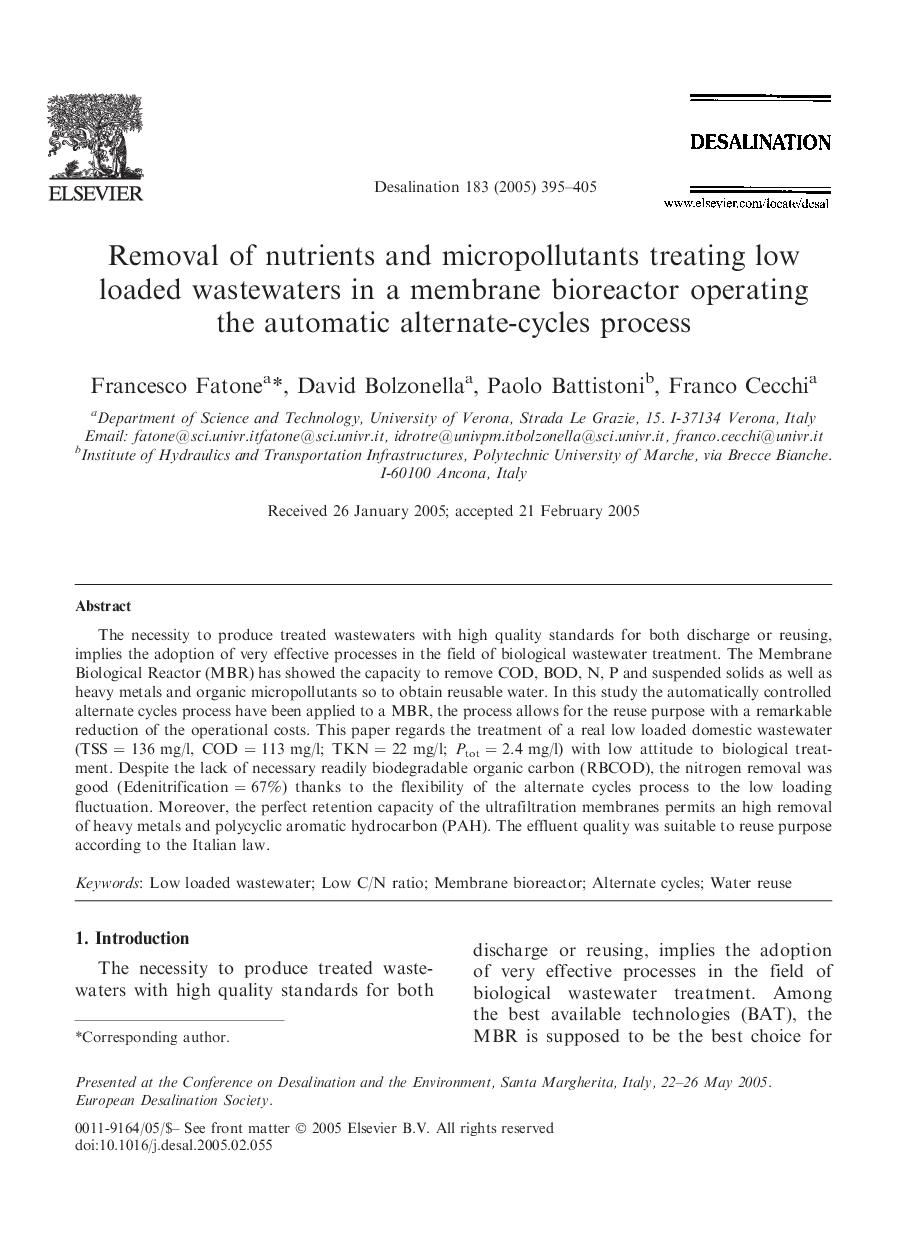 Removal of nutrients and micropollutants treating low loaded wastewaters in a membrane bioreactor operating the automatic alternate-cycles process