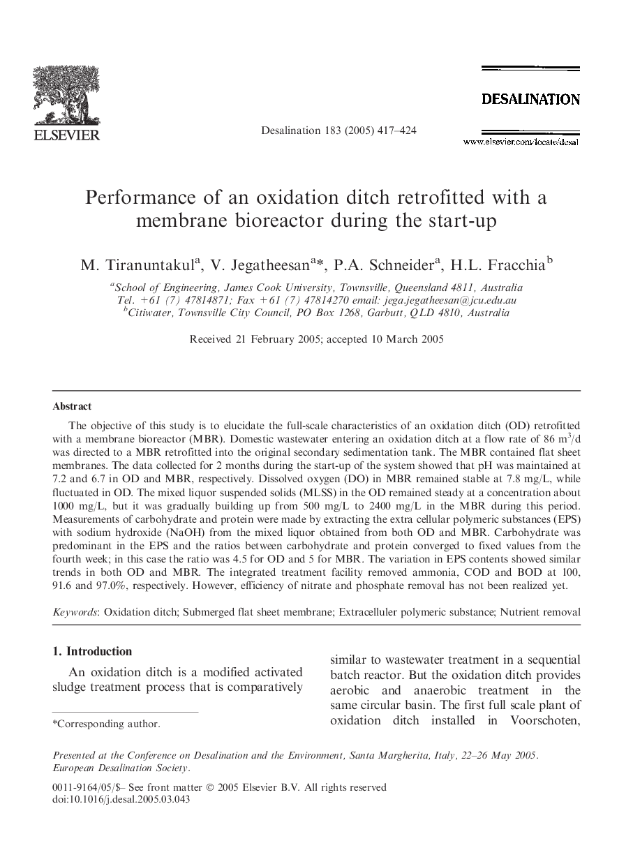 Performance of an oxidation ditch retrofitted with a membrane bioreactor during the start-up