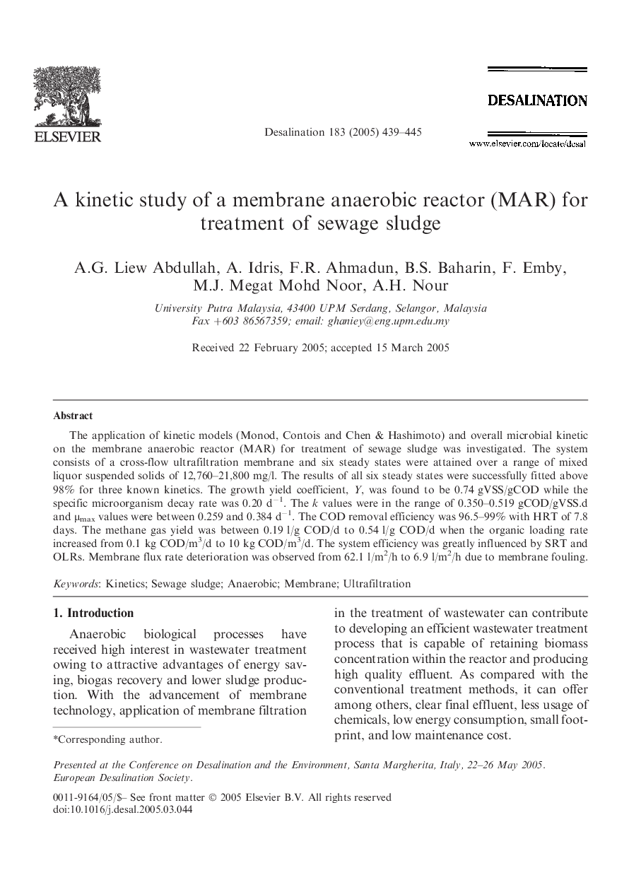 A kinetic study of a membrane anaerobic reactor (MAR) for treatment of sewage sludge