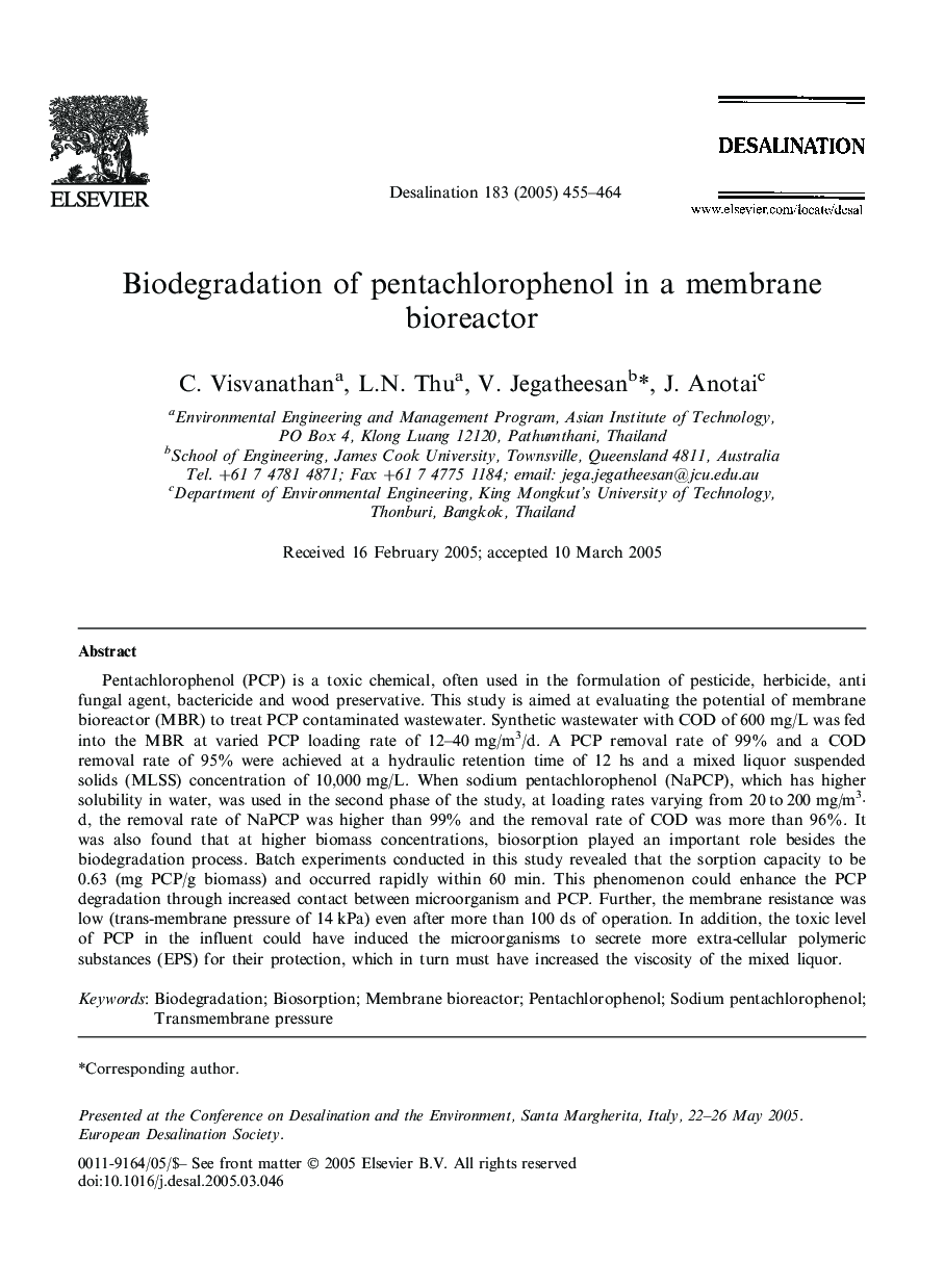 Biodegradation of pentachlorophenol in a membrane bioreactor