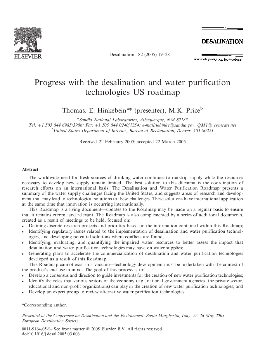 Progress with the desalination and water purification technologies US roadmap