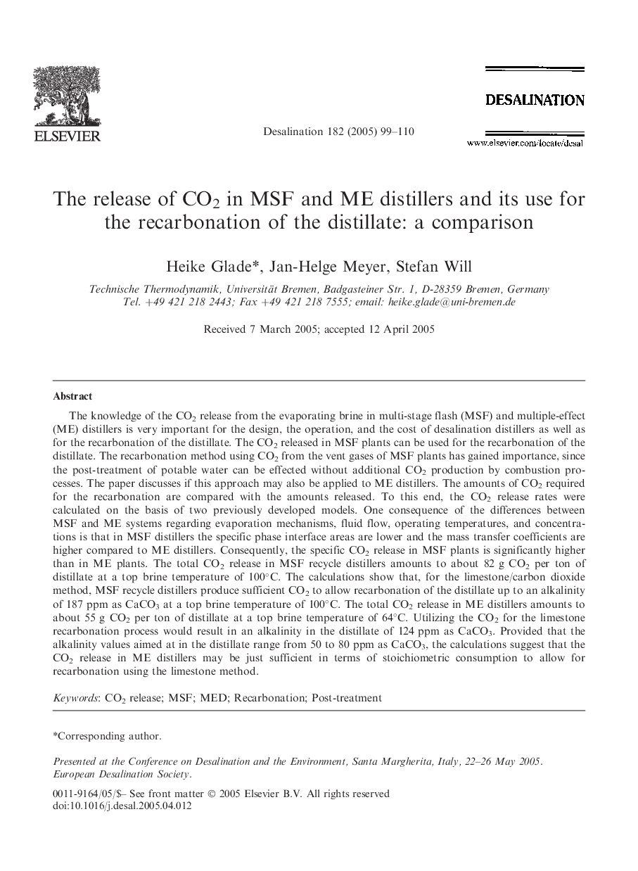 The release of CO2 in MSF and ME distillers and its use for the recarbonation of the distillate: a comparison