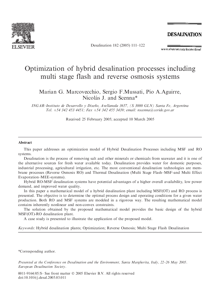 Optimization of hybrid desalination processes including multi stage flash and reverse osmosis systems