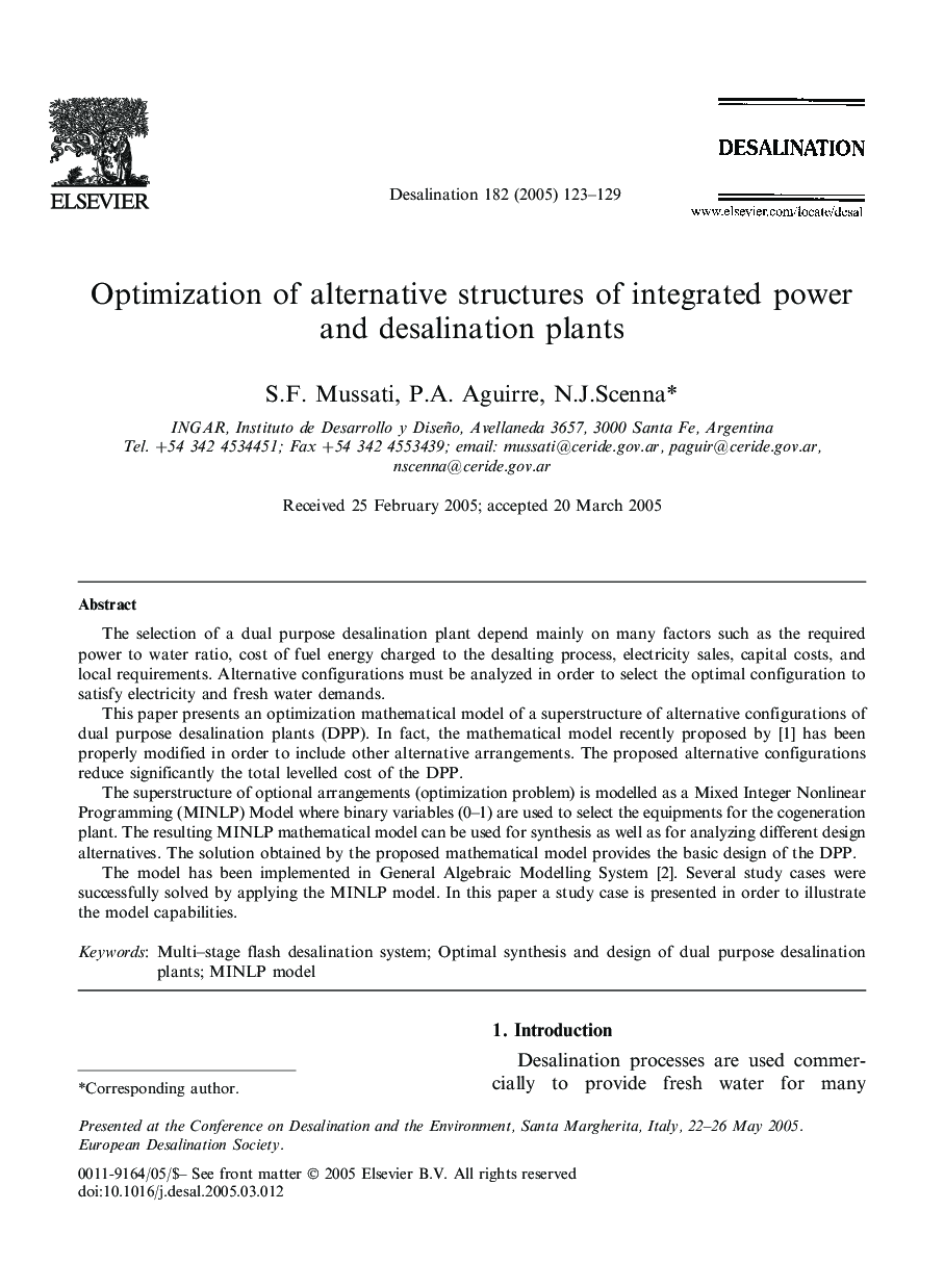 Optimization of alternative structures of integrated power and desalination plants