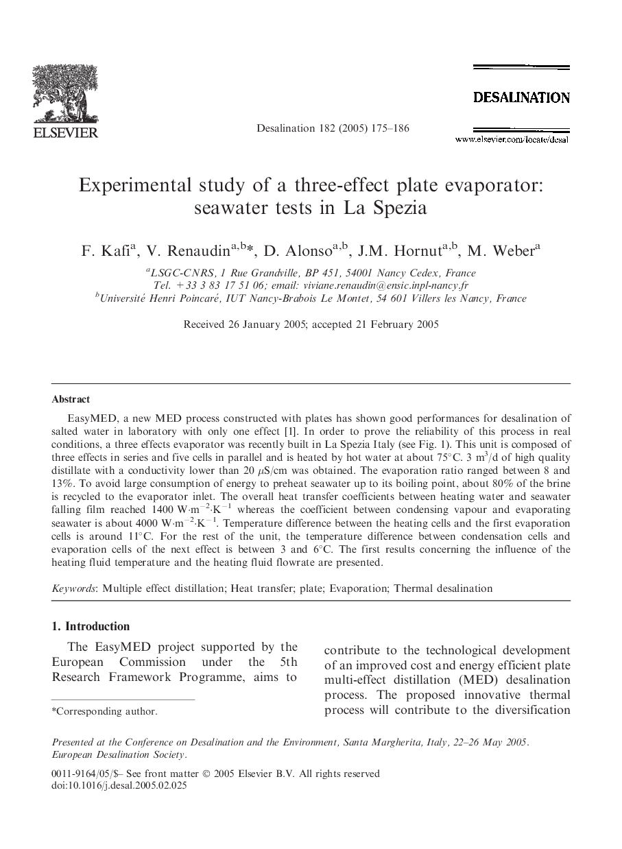 Experimental study of a three-effect plate evaporator: seawater tests in La Spezia