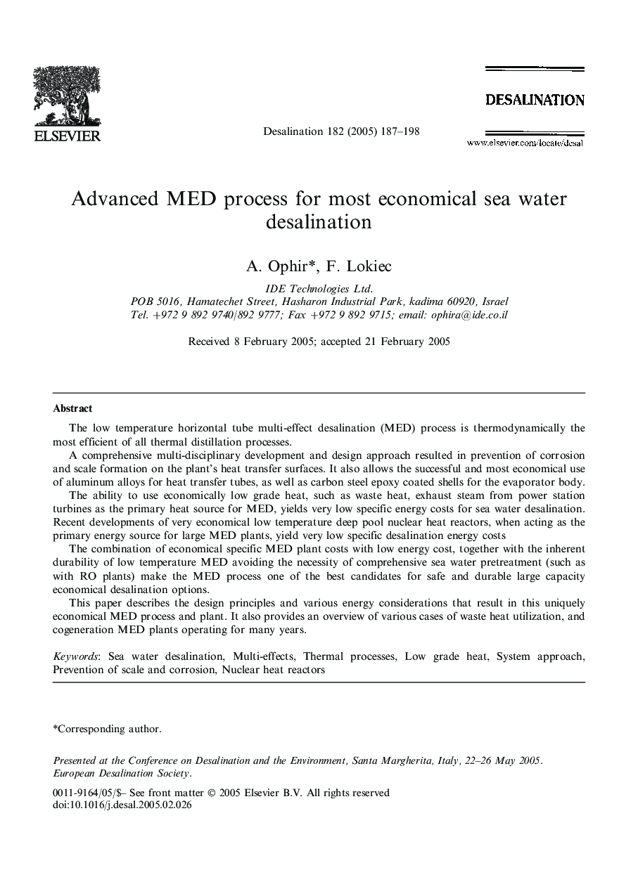 Advanced MED process for most economical sea water desalination